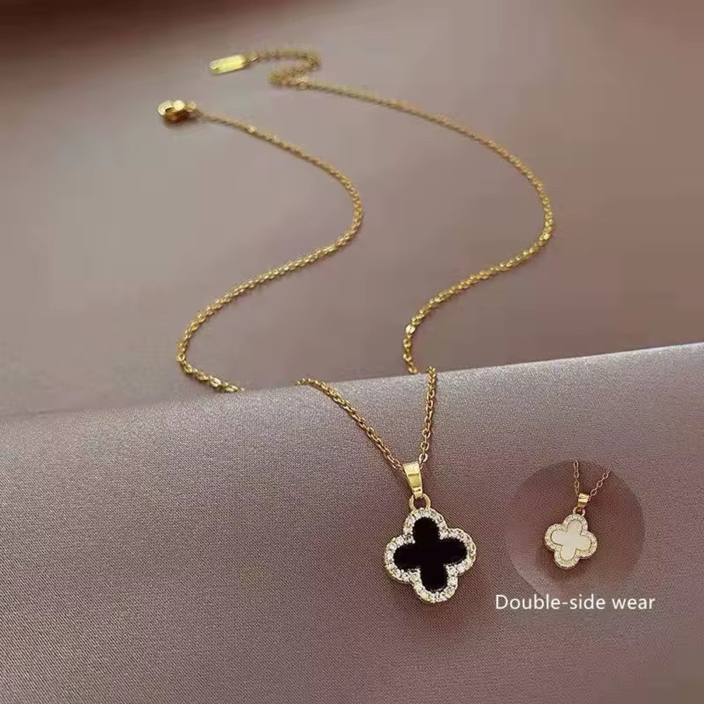 Gold Double-Sided Clover Pendant Necklace with Black and White Inlay